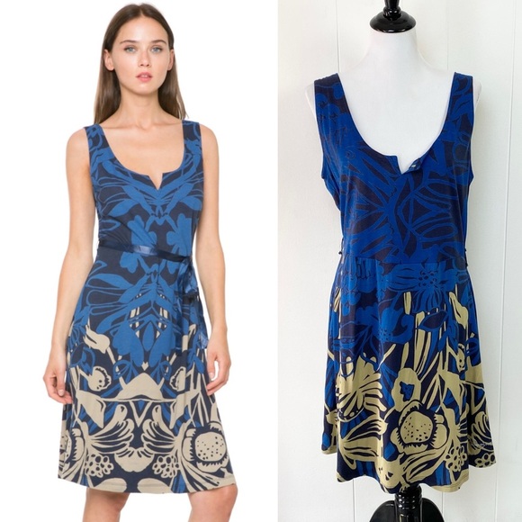 Desigual Jasmine Hourglass Flared Jersey Dress Blue Tan EU Size XXL 20” PTP - Picture 1 of 16